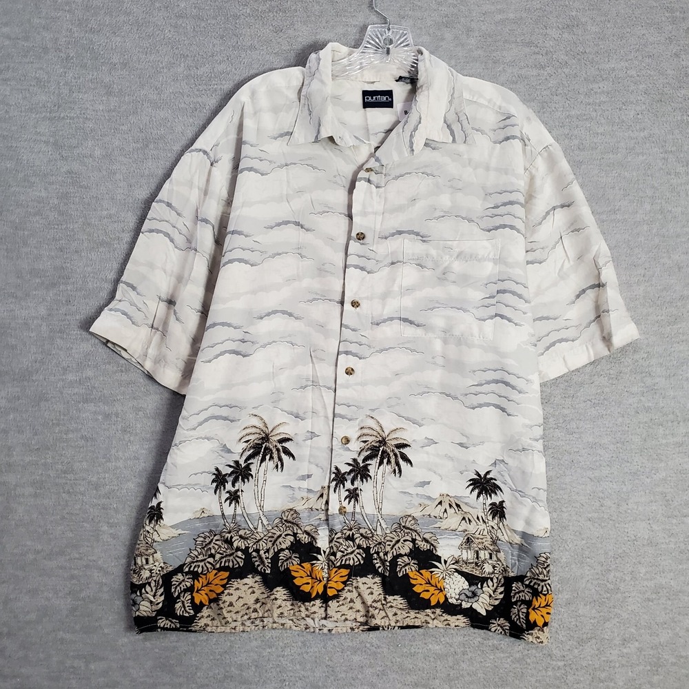 VINTAGE Puritan Men Button Up Shirt Large Gray Floral Hawaiian Palm Trees Island